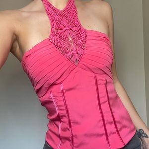 Pink BEBE crochet corset style halter top